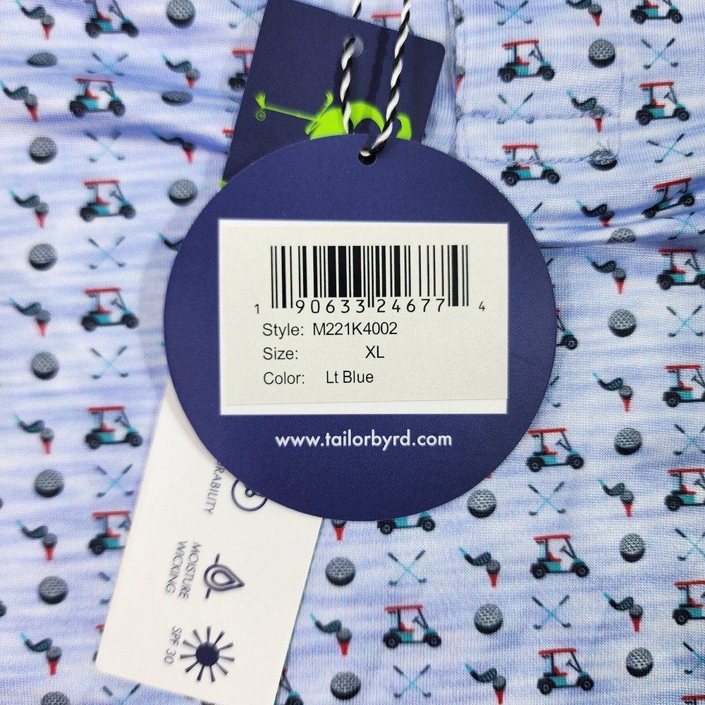 TailorByrd Performance Golf Polo Mens XL Shirt Blue Golf Cart Pattern AOP SPF-30 - Picture 5 of 16